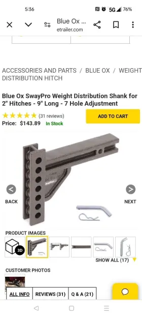 Bxw4000 Blue Ox Sway Pro Weight Distribution Shank - 7 Hole Adjustment