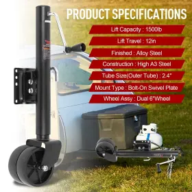 Jw-228000 Nbjingyi Swivel Bolt On Boat Trailer Jack Stand Dual Wheel 1500 Lbs 12 Inch Lift Rv Utility